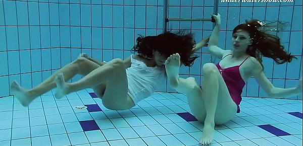 Underwater swimming pool lesbians Lera and Sima Lastova